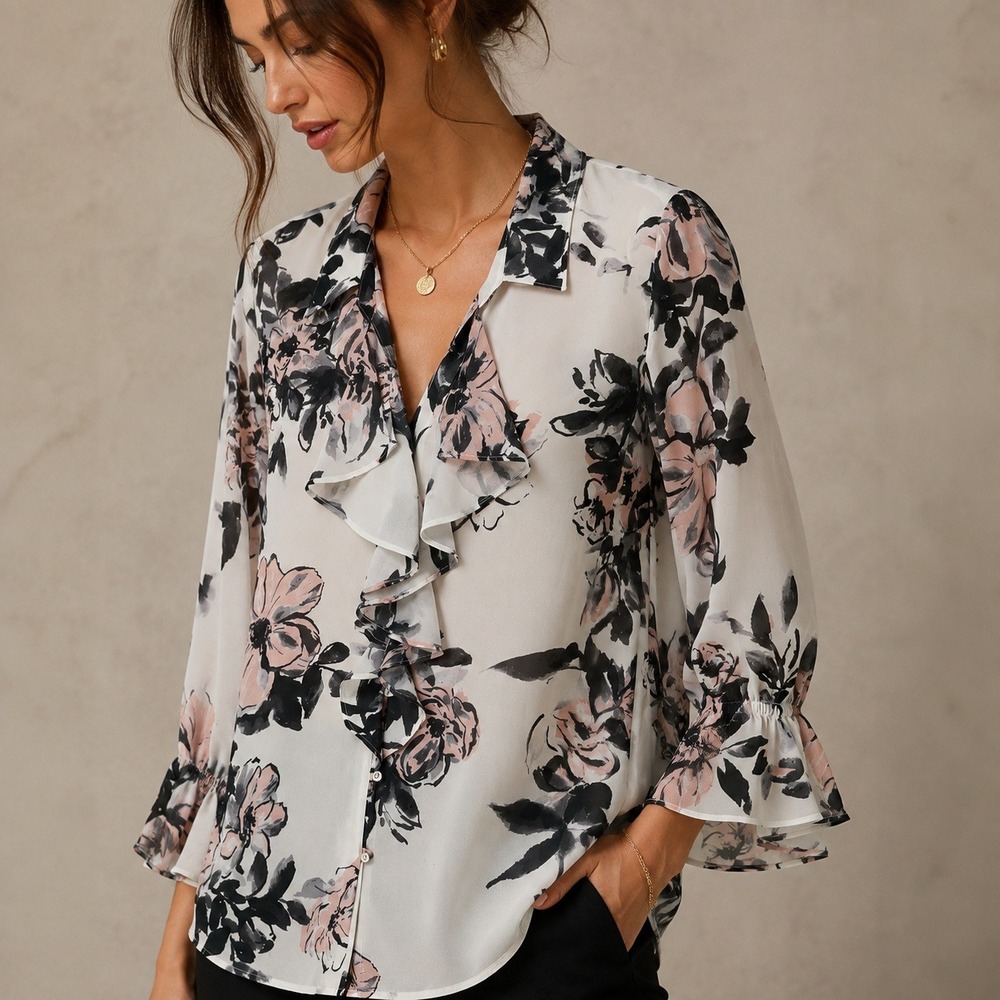 Karl Lagerfeld Paris Floral Ruffle Button Front Blouse White Pink 3/4 Sleeve L